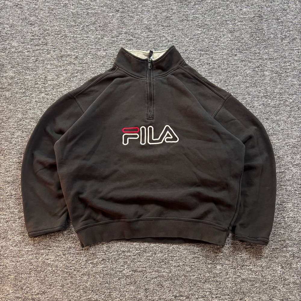 Vintage Y2K Fila Embroidered Quarter Zip Black Sweatshirt Size Large